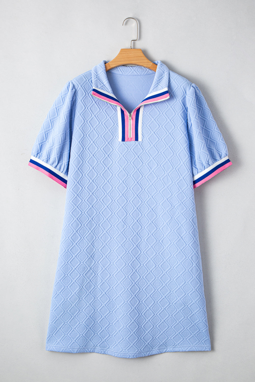 Blue Textured Contrast Zip Collar Plus Dress RTS