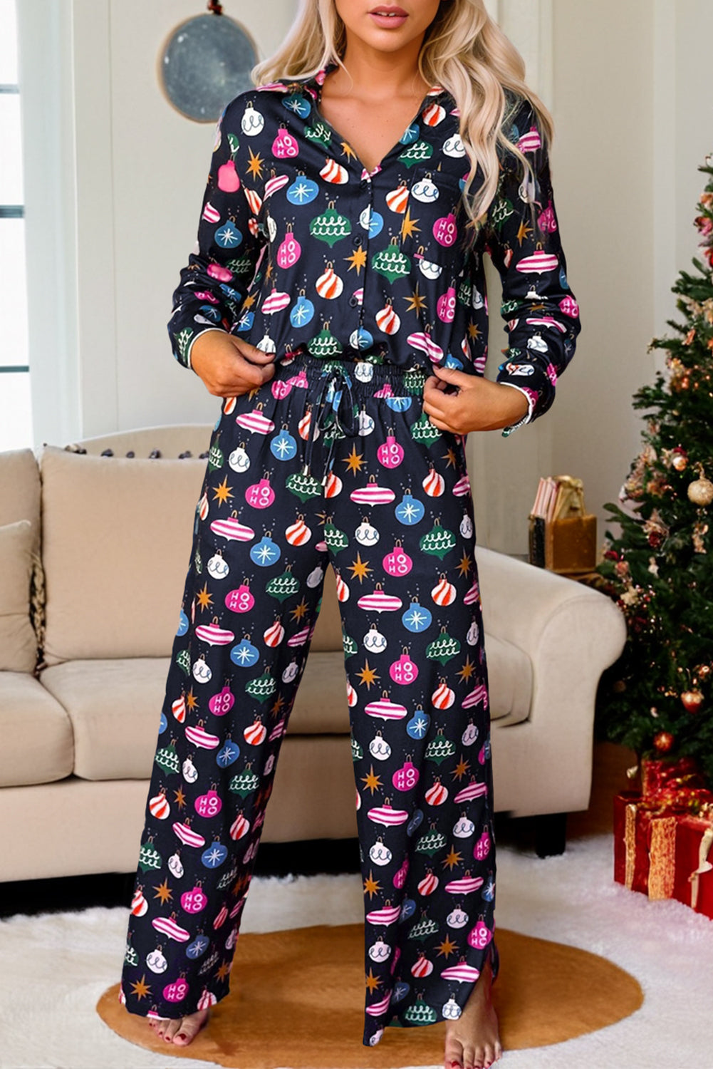 Navy Colorful Christmas Pajama Set FB