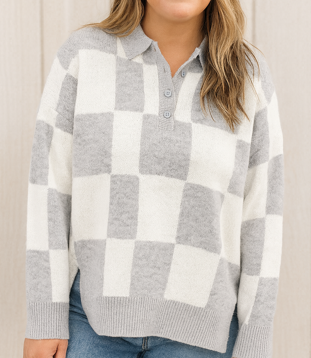 Grey Plus Size Checkered Sweater FB