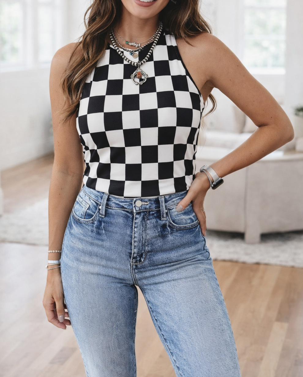Black Checkered Slim Tank LT