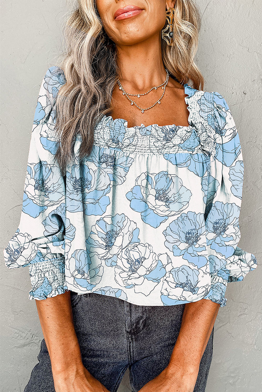 Blue Floral Square Neck Blouse LT