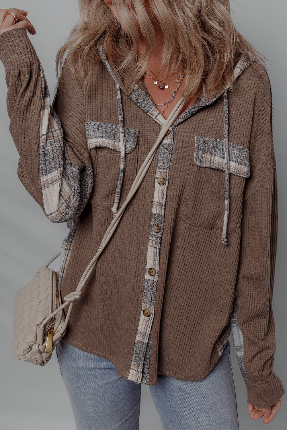 Brown Plaid Patchwork Shacket FB