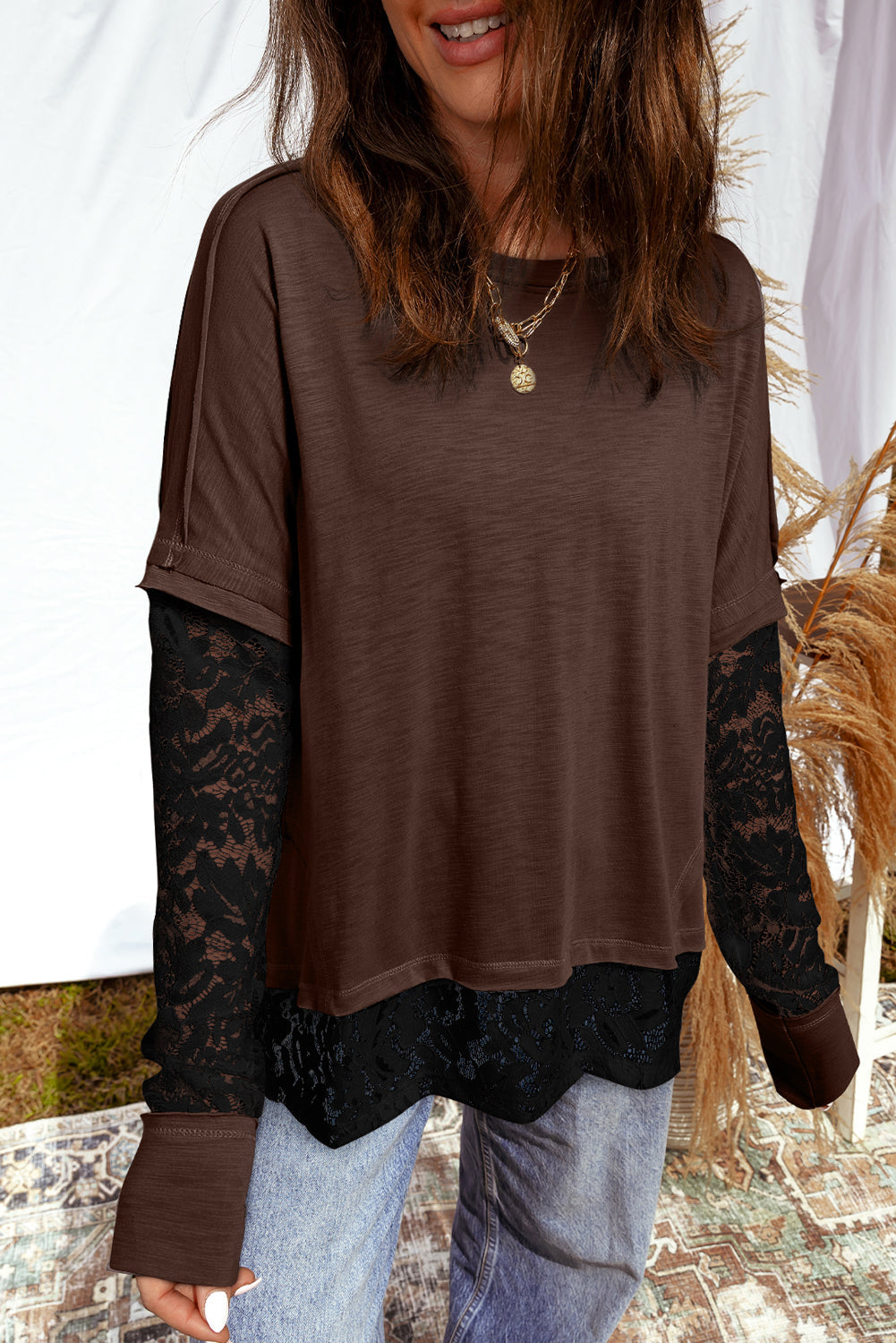 Brown Sheer Lace Casual Top FB