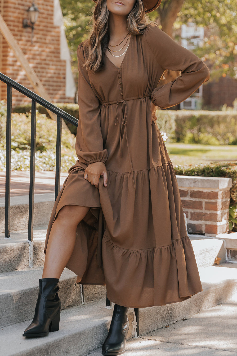 Chestnut Button Tiered Maxi Dress LT