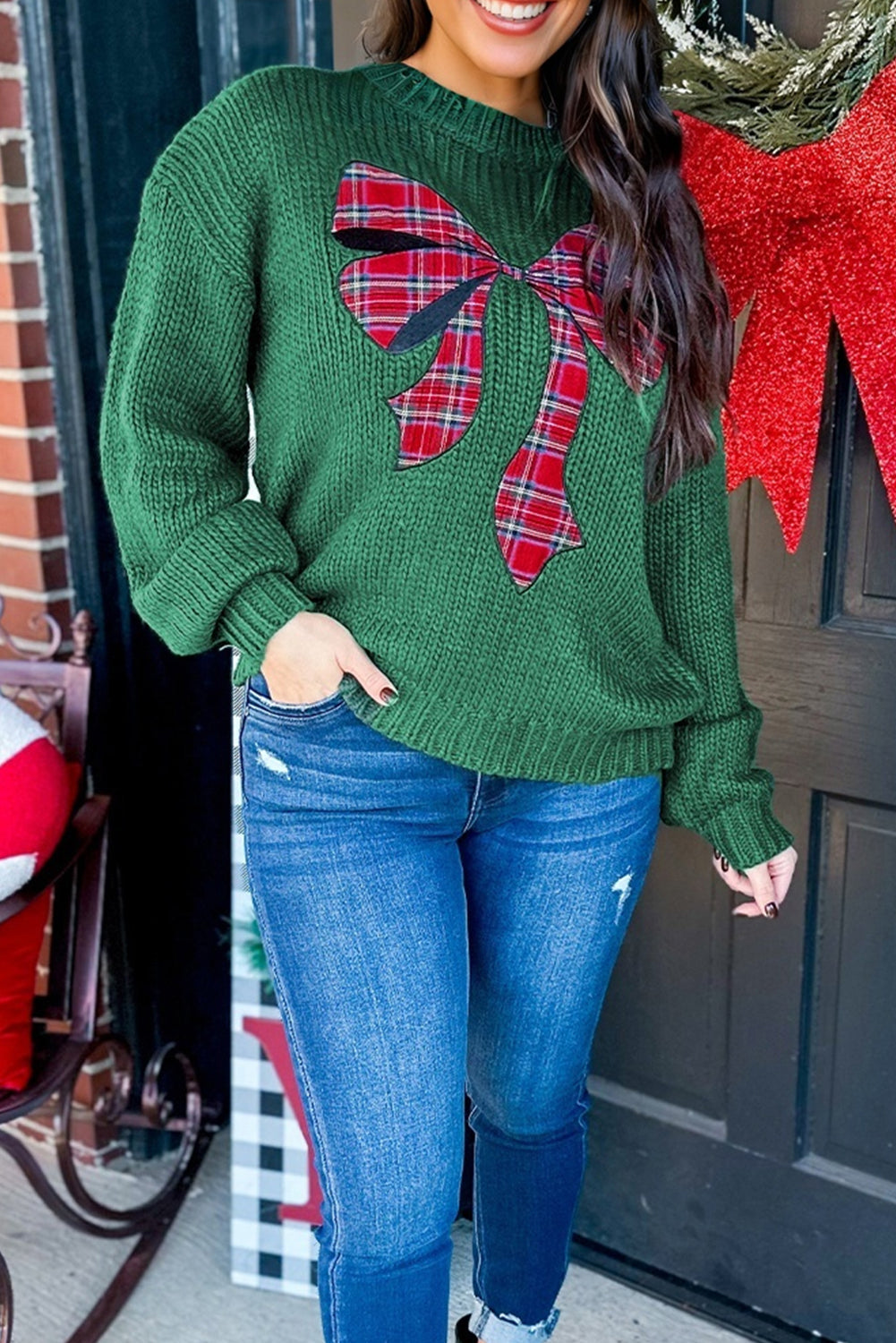 Evergreen Plaid Bow Christmas Sweater FB