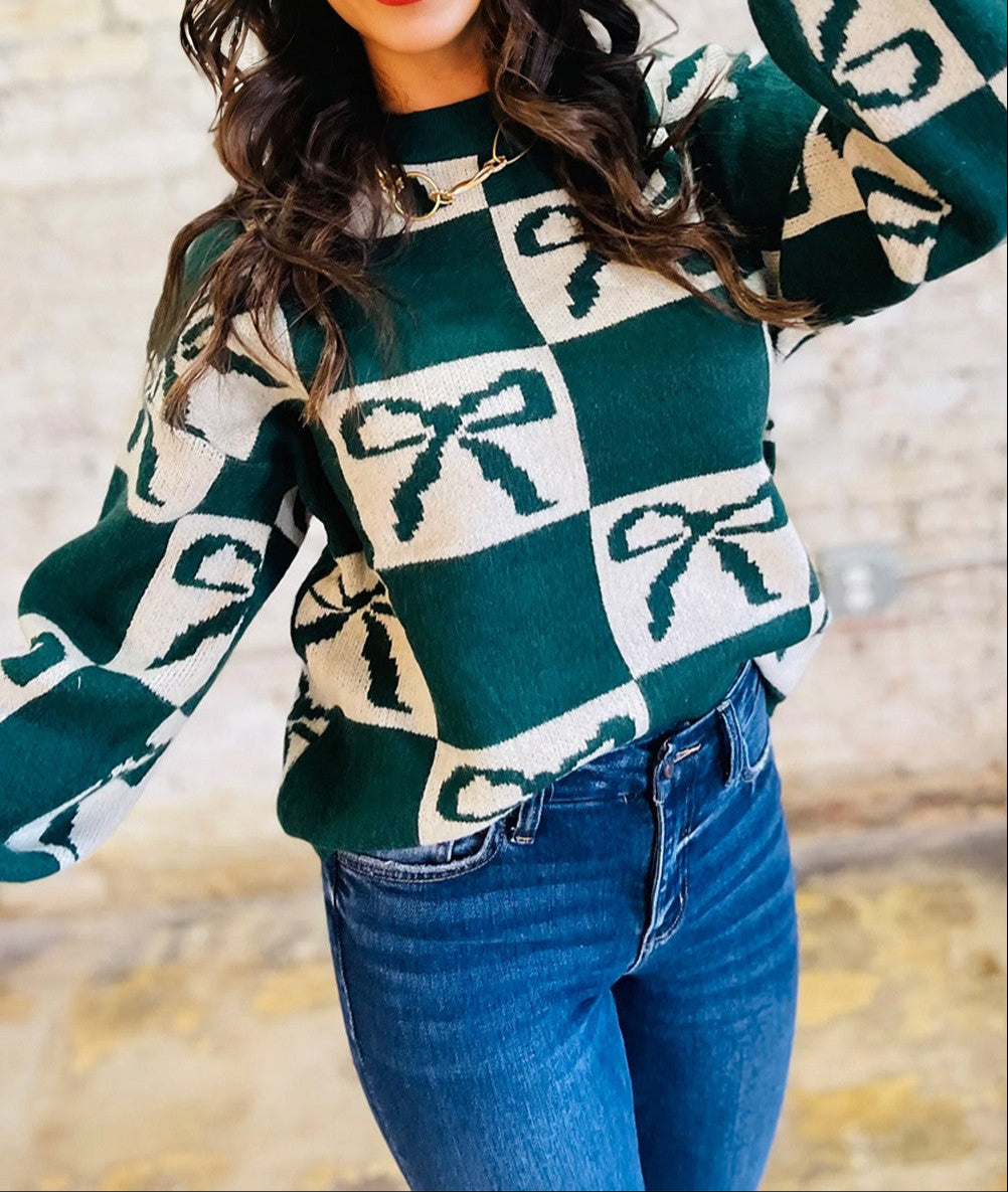 Green Checkered Bow Sweater FB