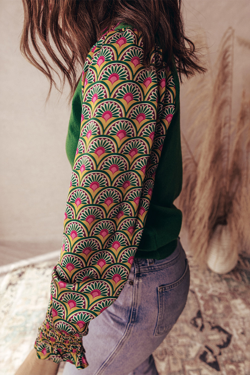 Green Floral Shirred Cuff Top LT