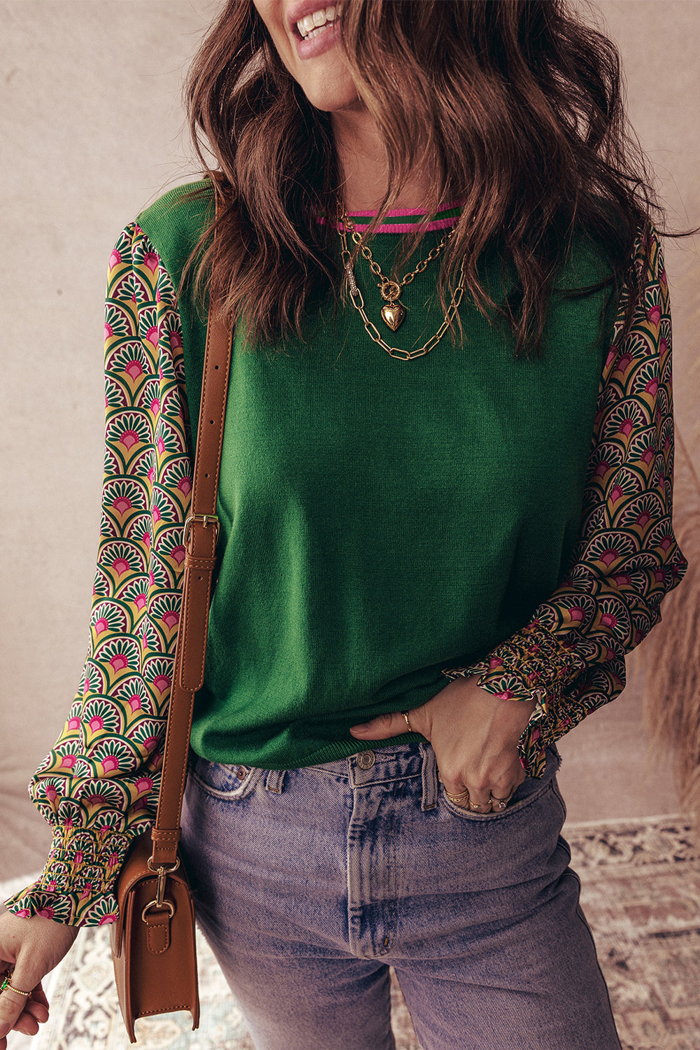 Green Floral Shirred Cuff Top LT