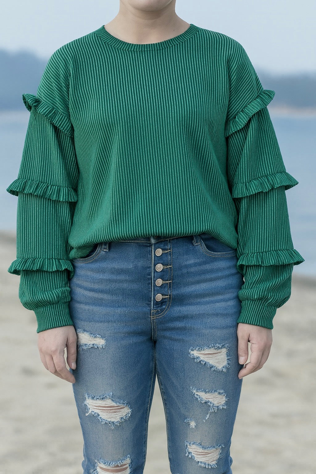 Green Ribbed Ruffle Sleeve Top FB