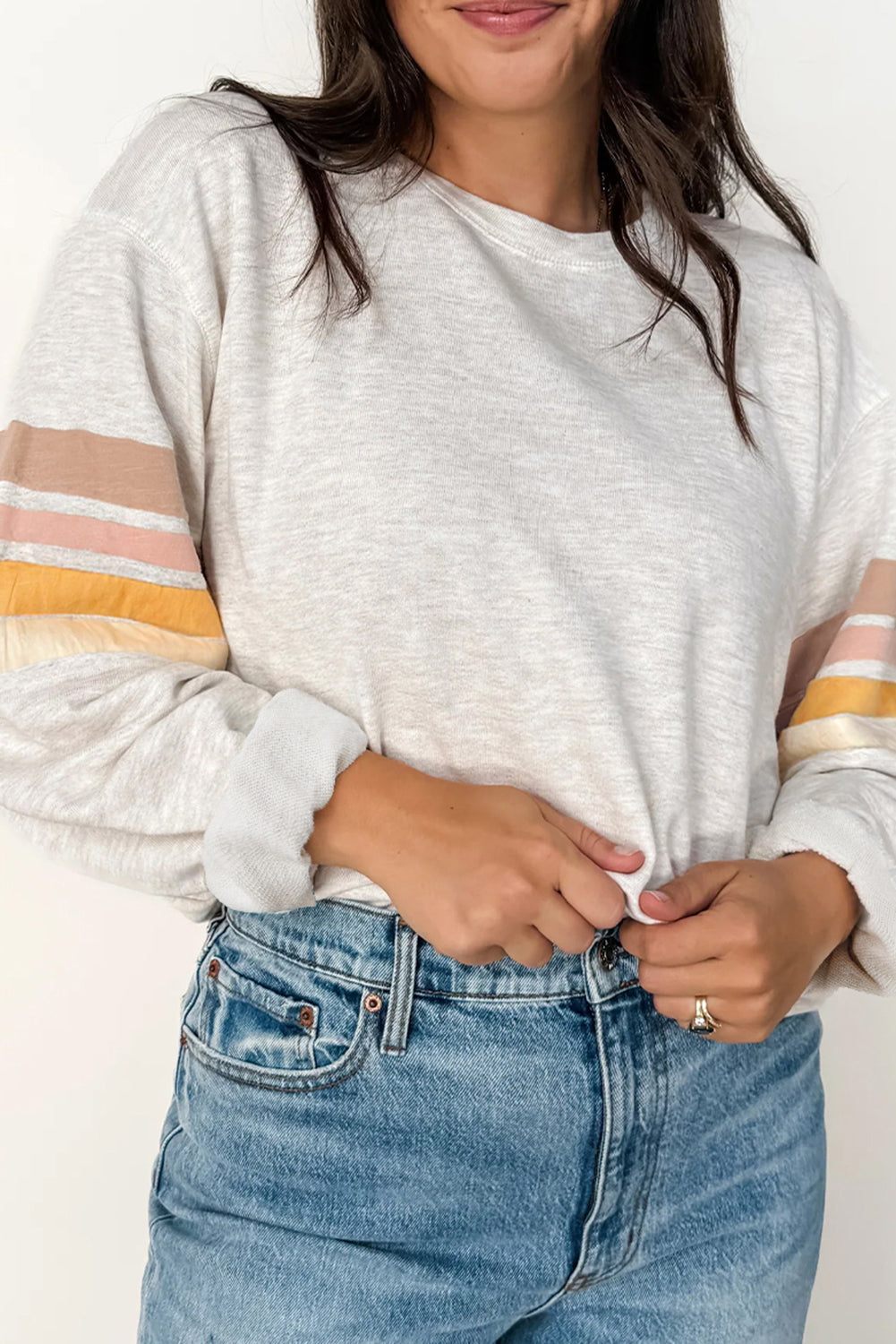 Grey Colorful Stripe Sleeve Sweatshirt FB