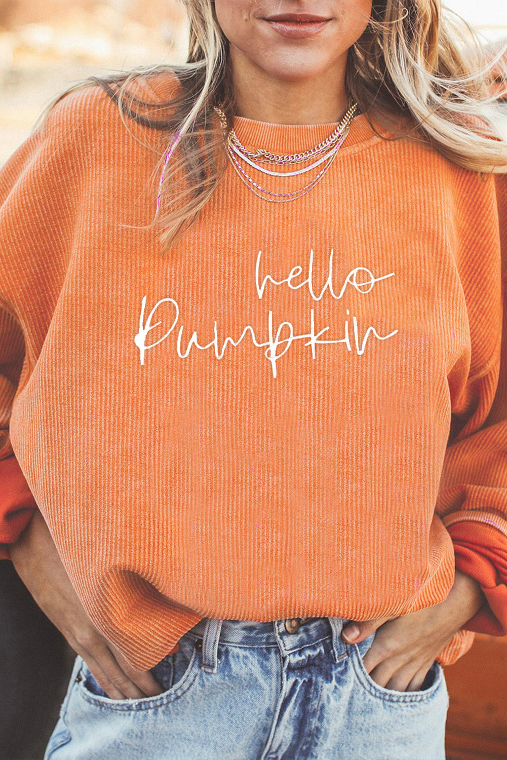 Hello Pumpkin Embroidered Ribbed Crew LT
