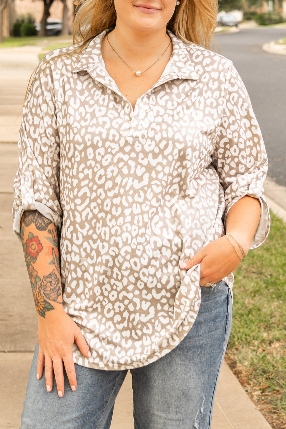 Leopard Tab Sleeve Plus Top FB