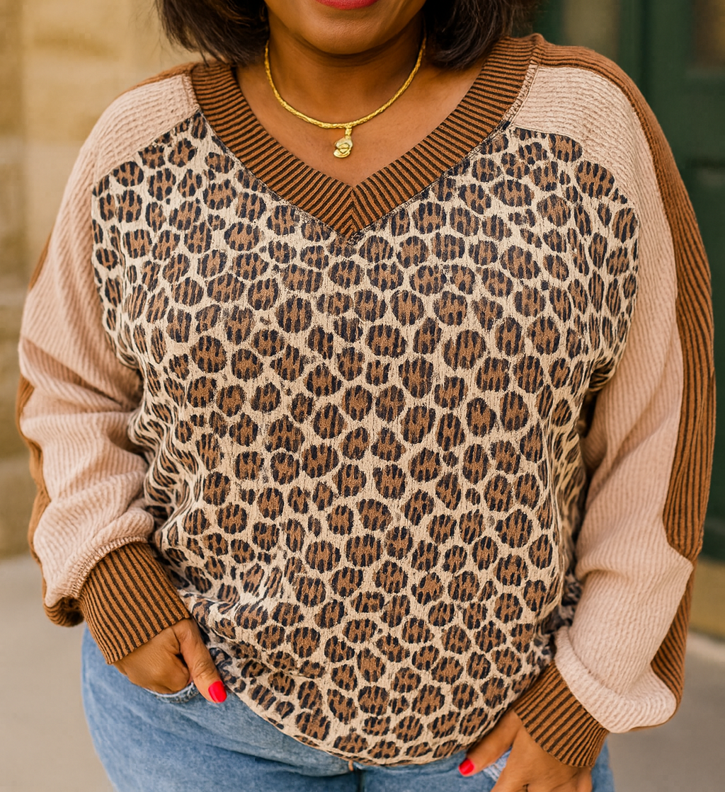 Leopard Ribbed Plus Size Pullover FB