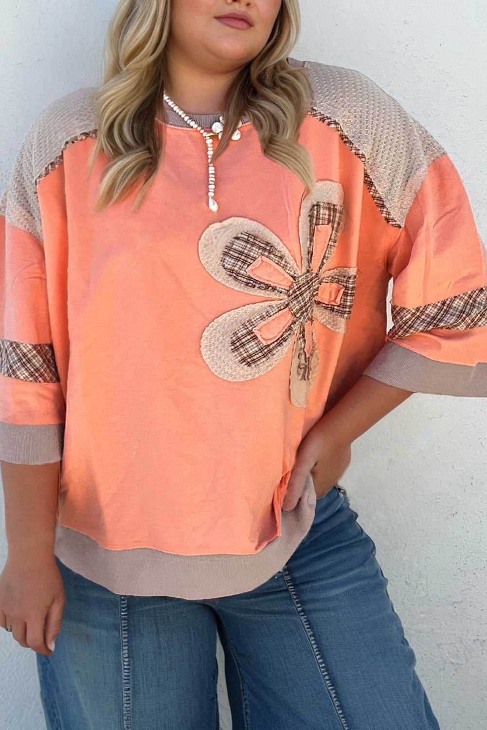 Orange Plaid Flower Plus Size Top FB