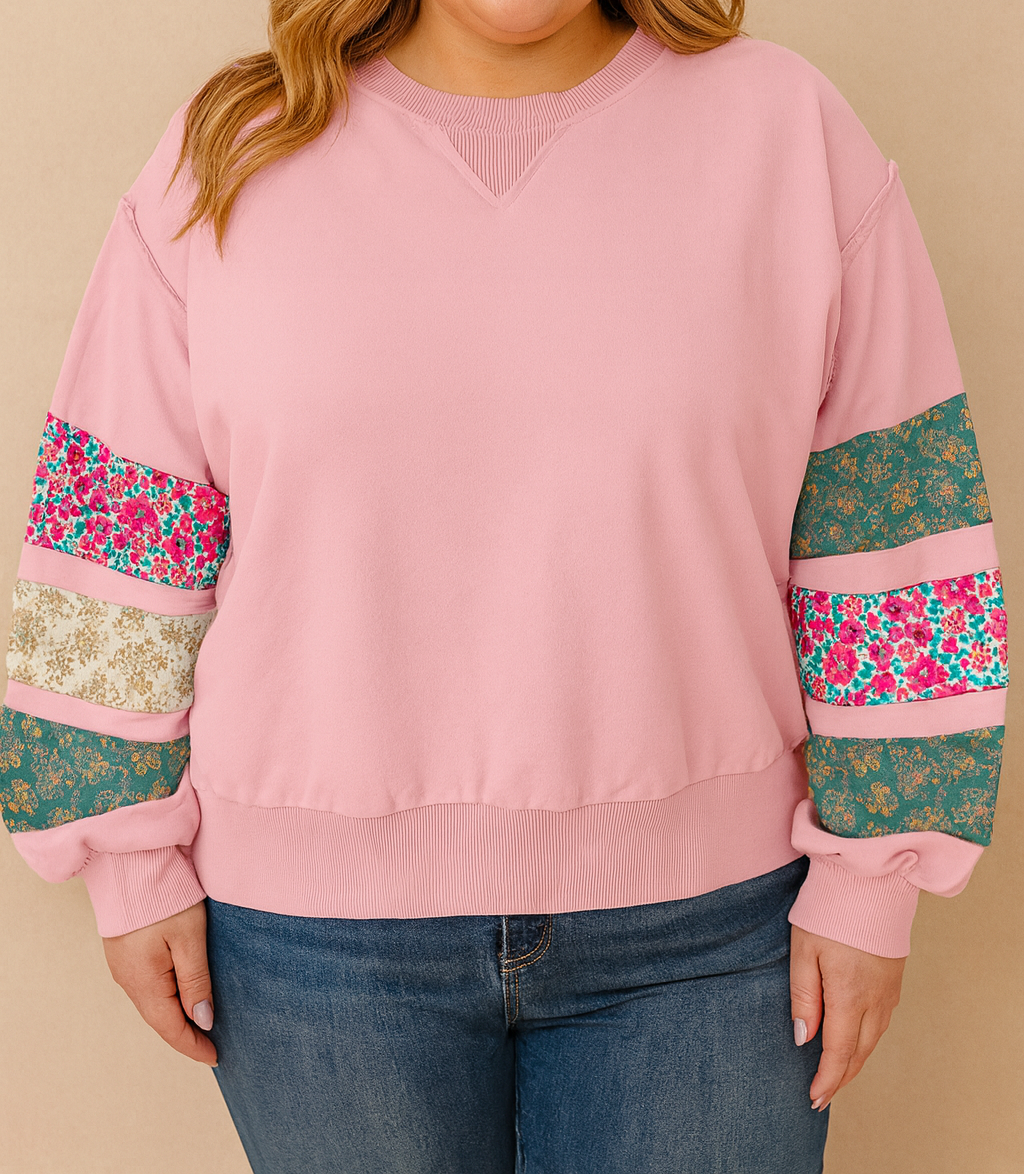 Pink Plus Size Floral Patched Sweatshirt LT