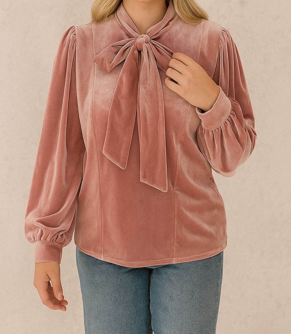 Pink Velvet Bow Knot Blouse FB