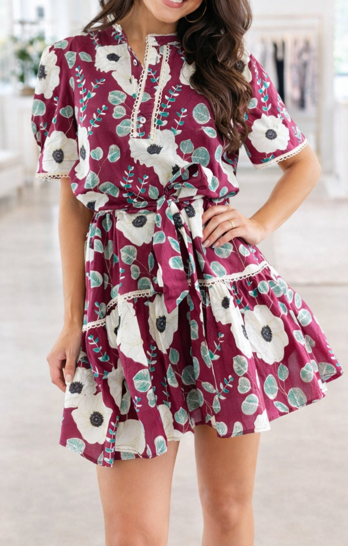 Red Floral Belted Mini Dress LT