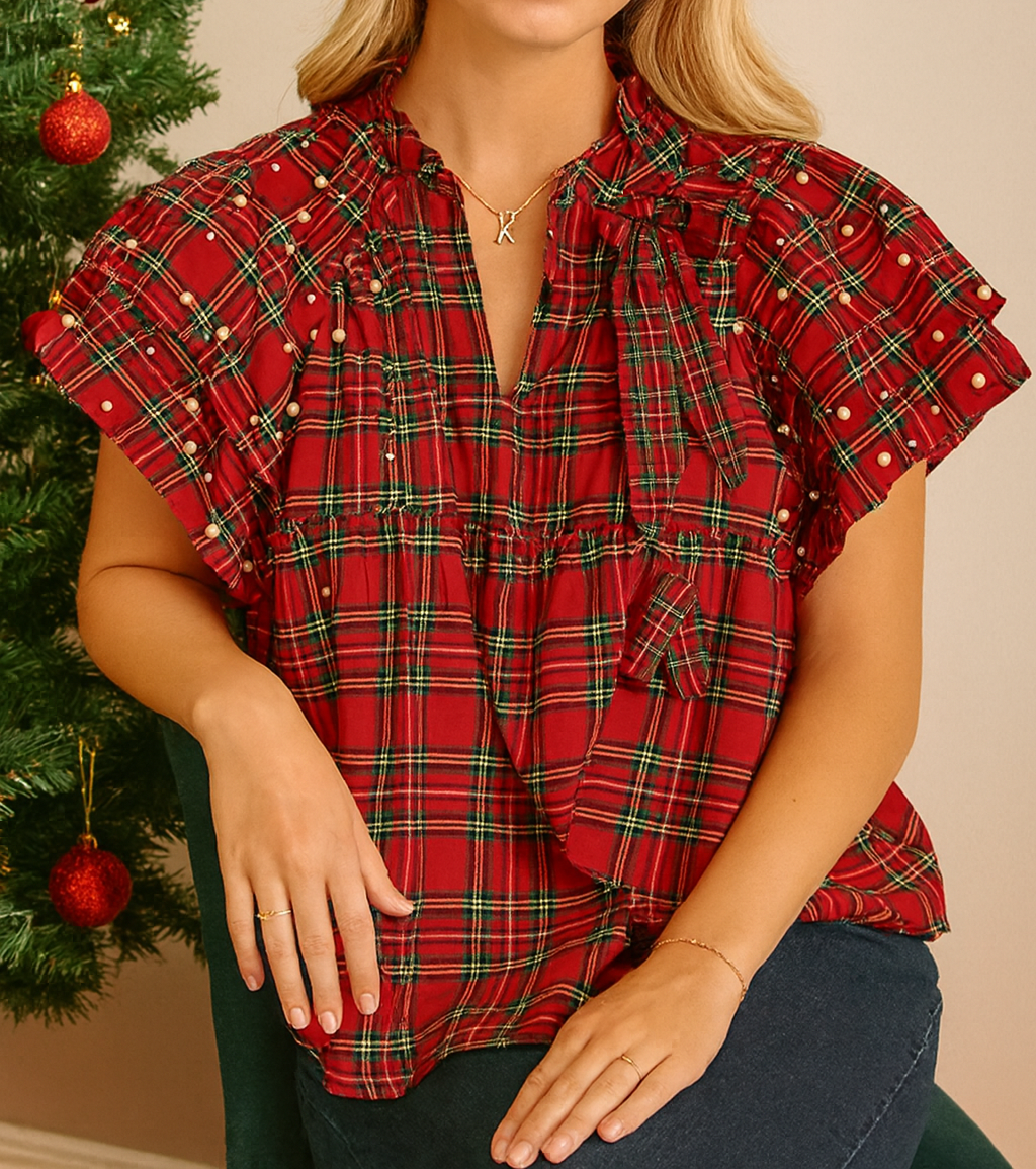 Red Plaid Pearl Blouse FB