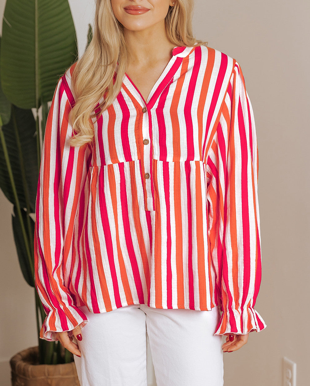 Stripe Notched Button Blouse FB