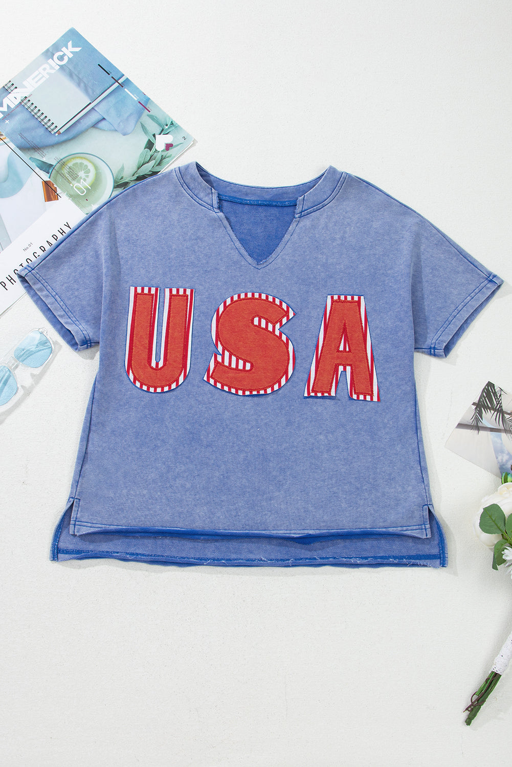 Blue  Mineral Wash USA Patch V Neck Tee RTS