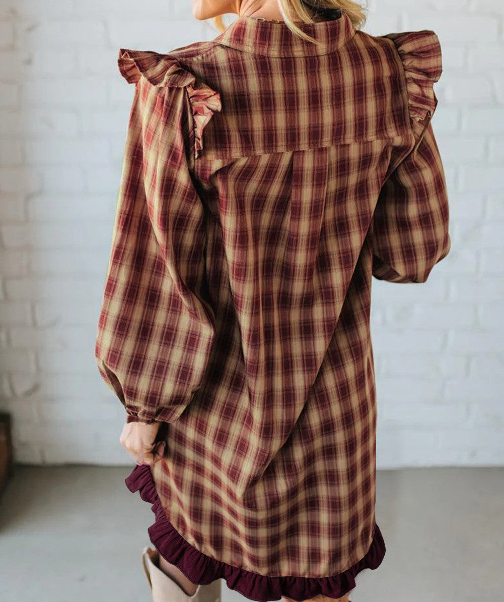Burgundy Plaid Ruffled Mini Dress LT