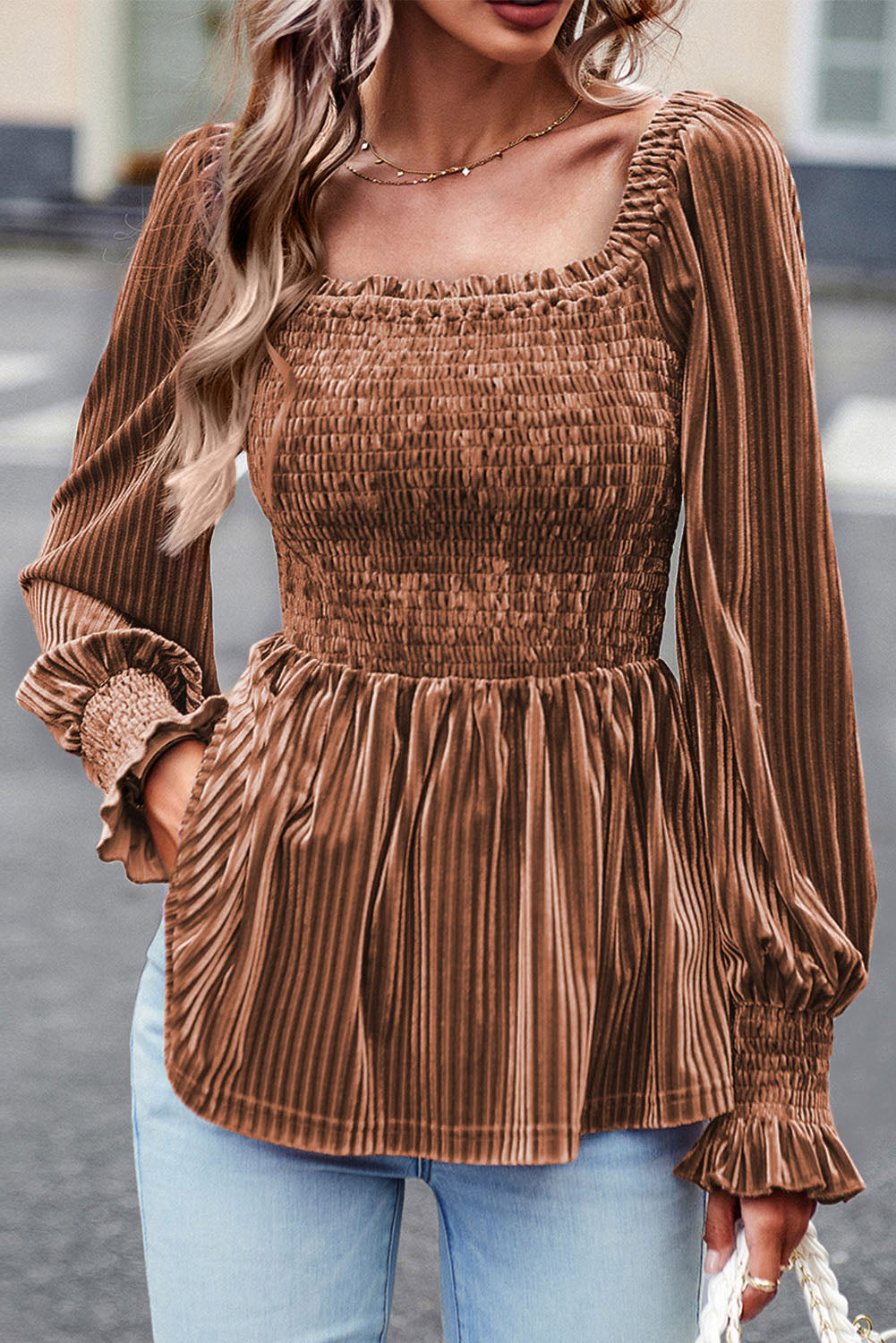 Chestnut Ribbed Velvet Babydoll Top RTS