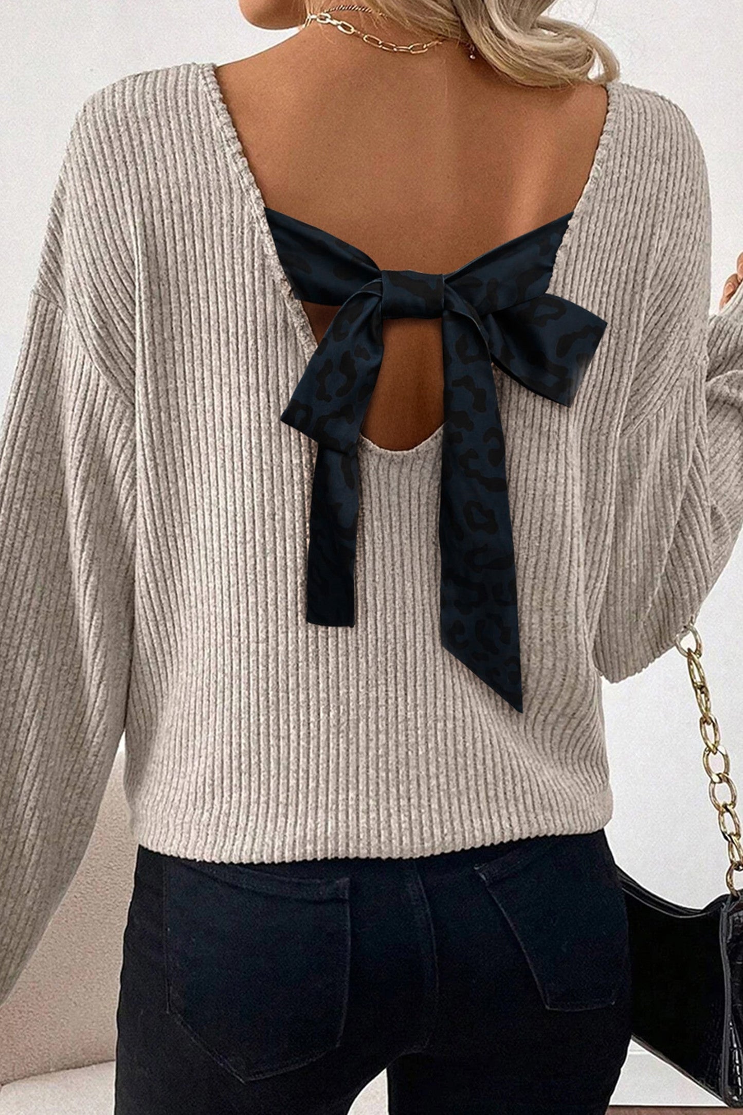 Ribbed V Neck Bow Back Top FB