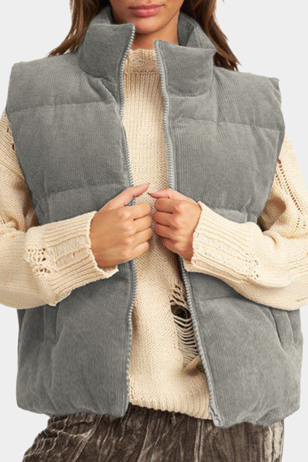 Corduroy Zip Up Puffer Vest FB