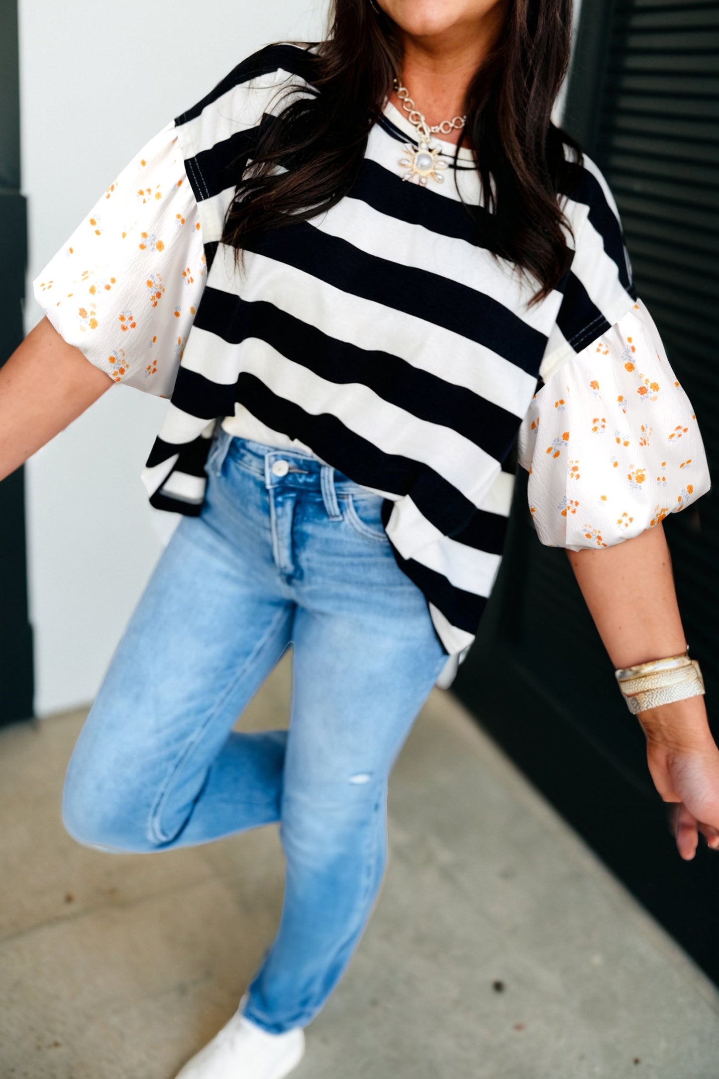 Black Floral Puff Sleeve Blouse