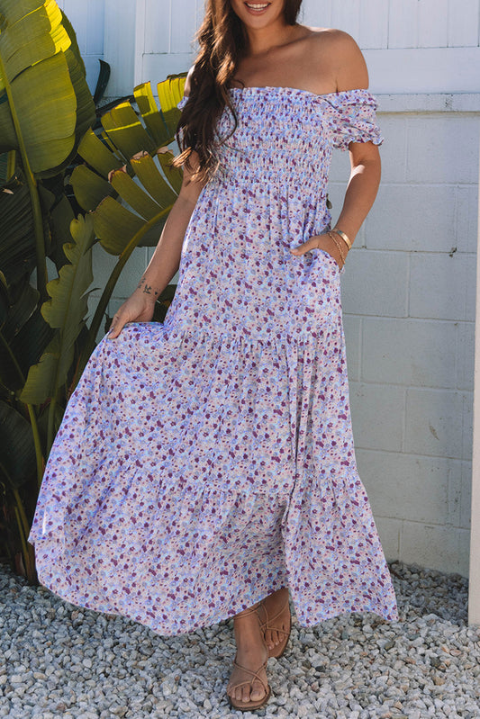 Purple Floral Shirred Maxi Dress New RTS