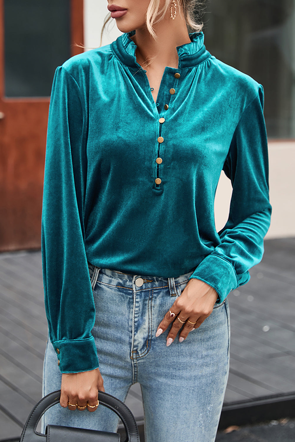 Velvet Frilled Neck Top FB