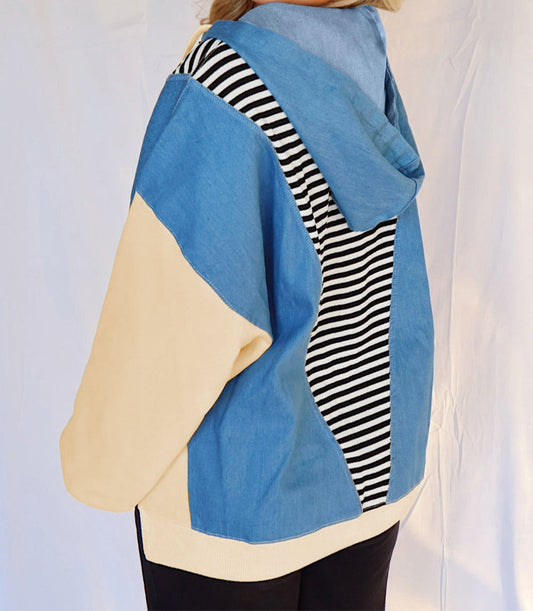 Stripe Denim Colorblock Hoodie LT