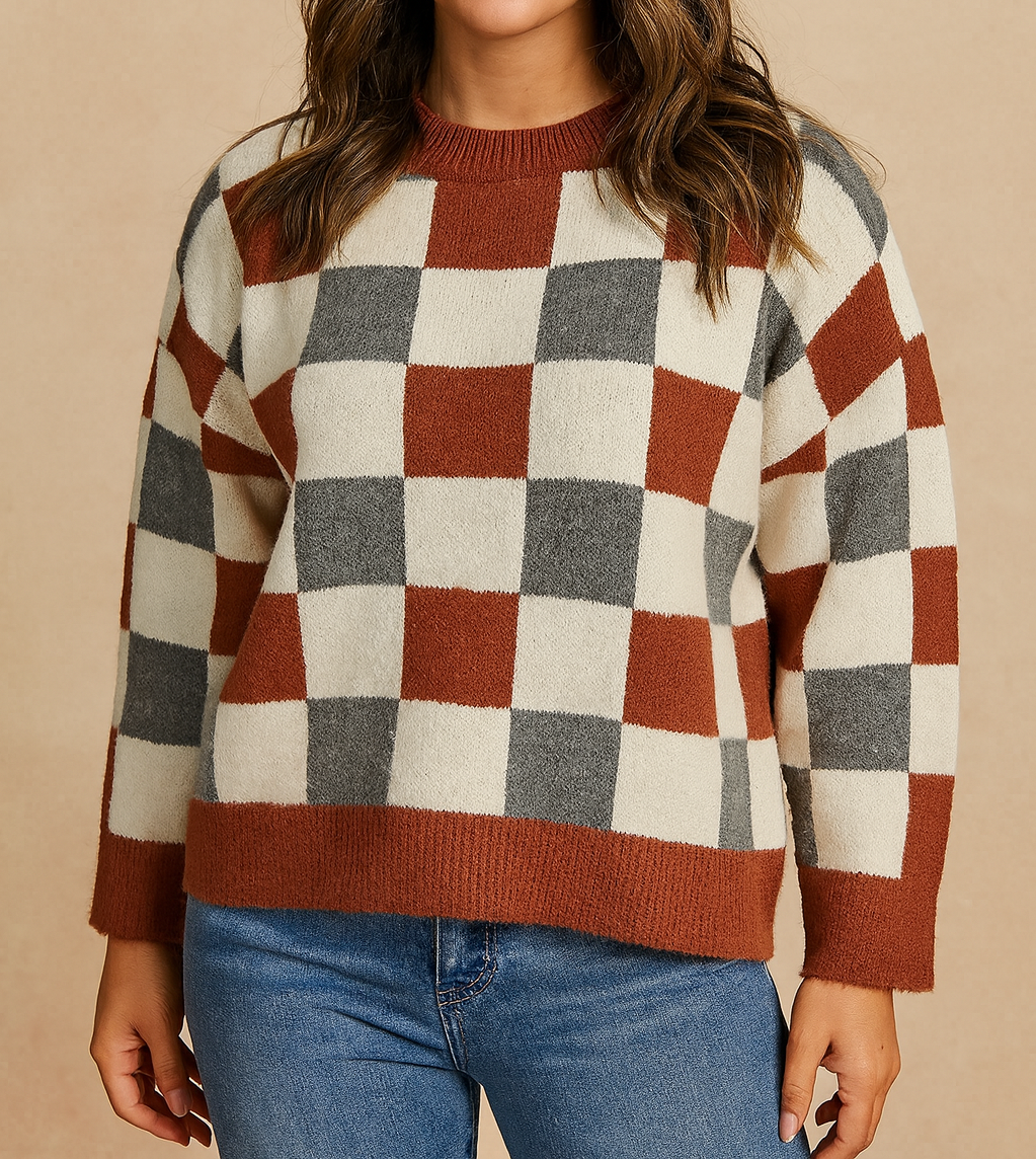 Brown Plus Size Checkered Sweater FB