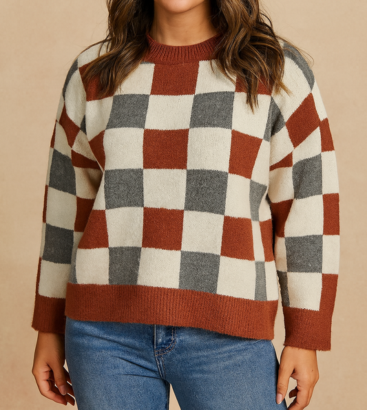 Brown Plus Size Checkered Sweater FB