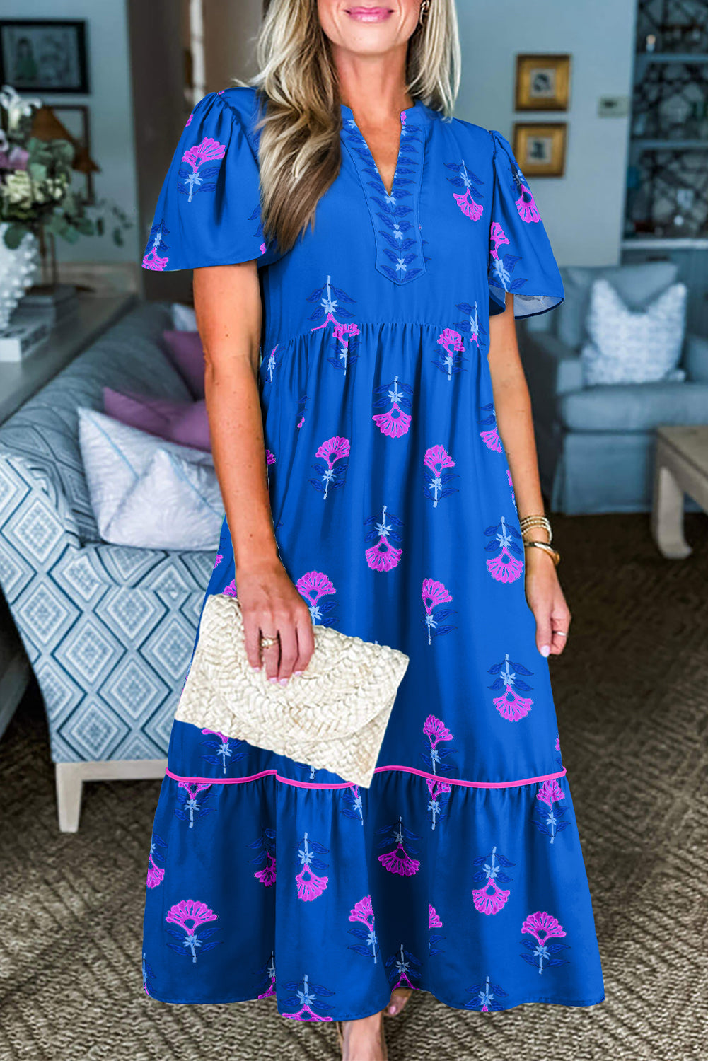 Blue Floral Notched Dress RTS