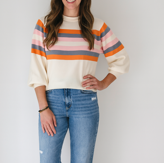 Beige Stripe Puff Sleeve Top FB