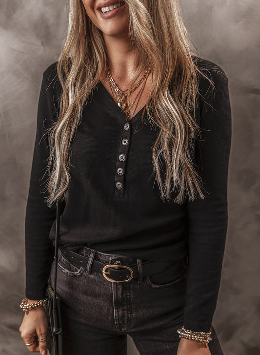 Black Button Ribbed Top FB