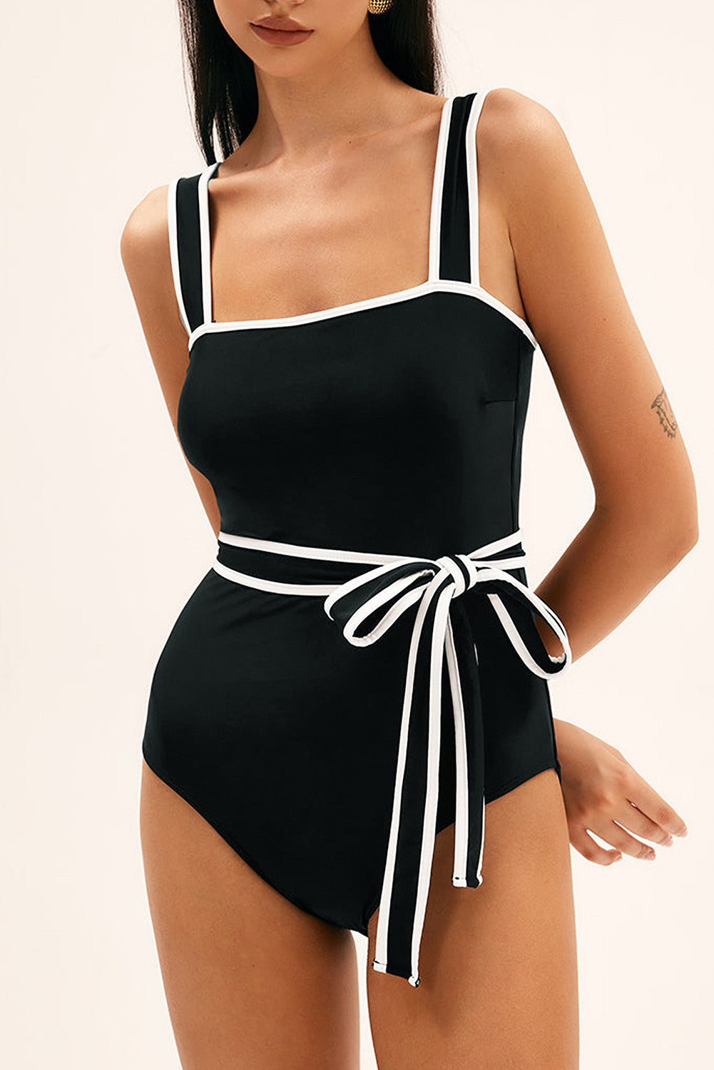 Black Colorblock Belted Swimsuit FB