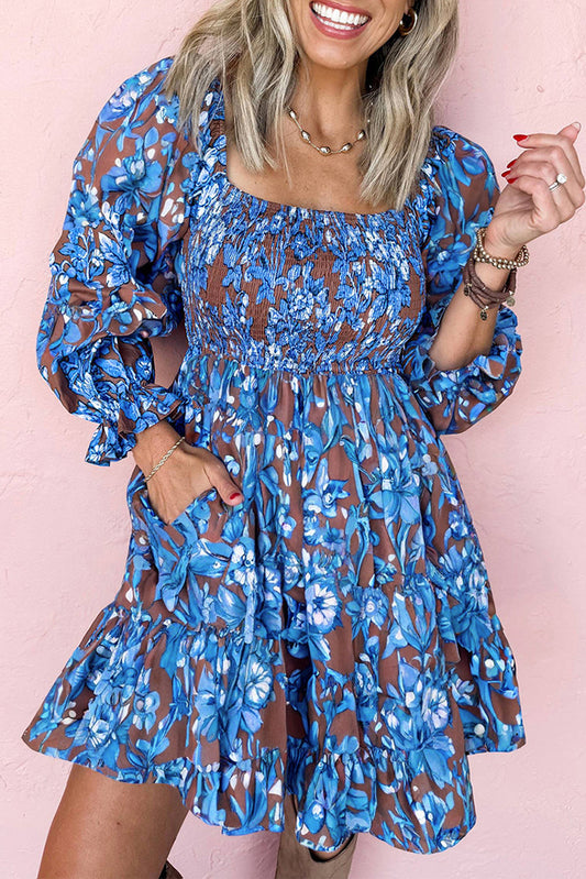 Blue Smocked Floral Fall Dress FB