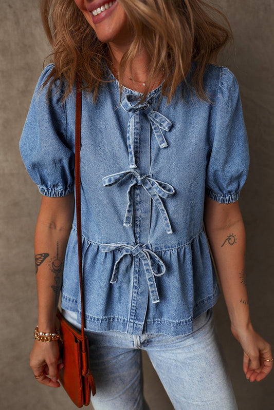 Blue Bow Ties Denim Blouse