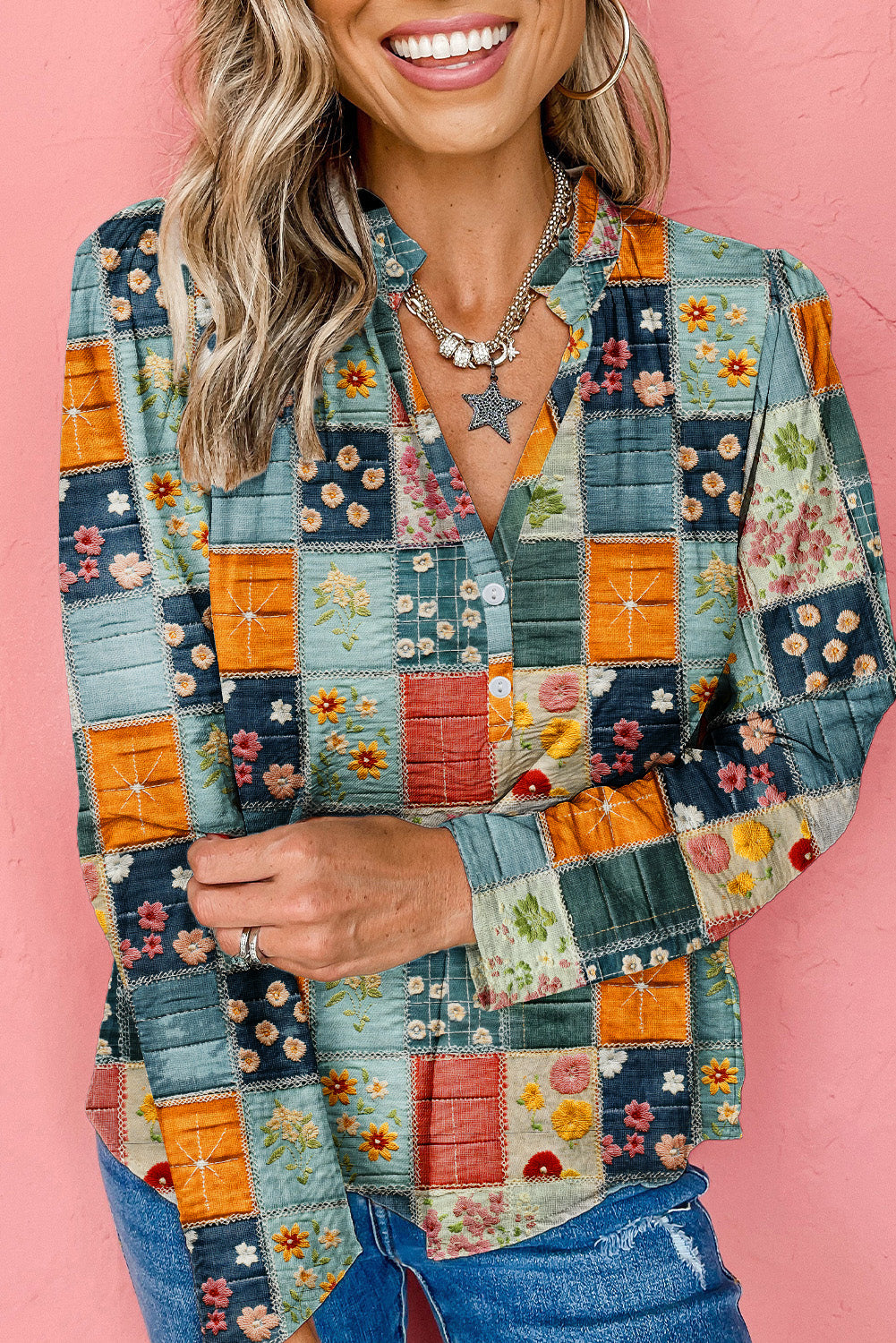 Blue Floral Placket Blouse FB