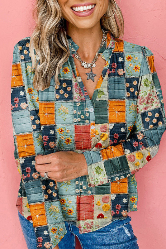 Blue Floral Placket Blouse FB