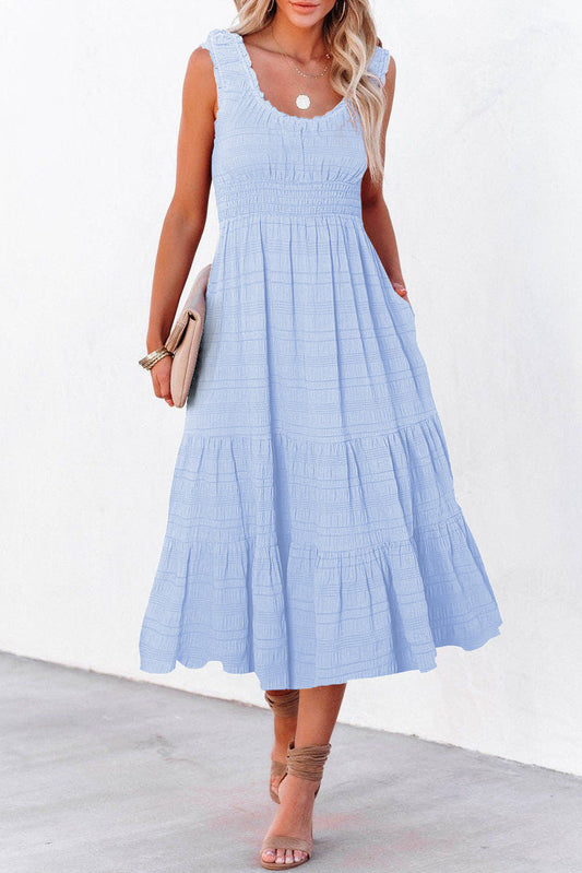 Blue Shirred Midi Dress