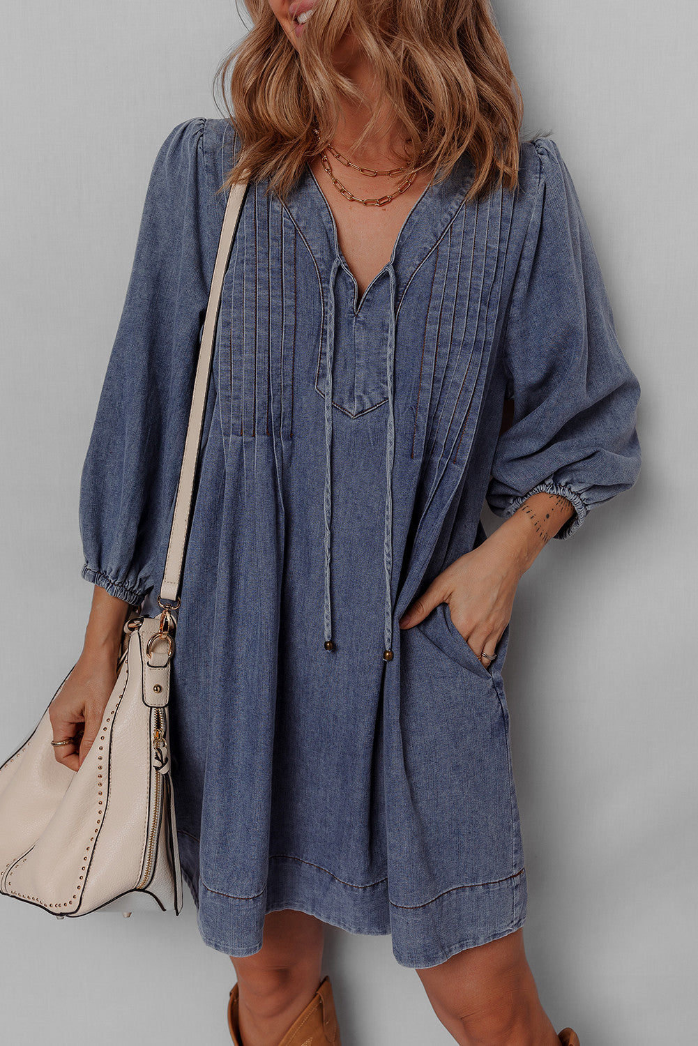 Blue TIed V Neck Denim Dress FB