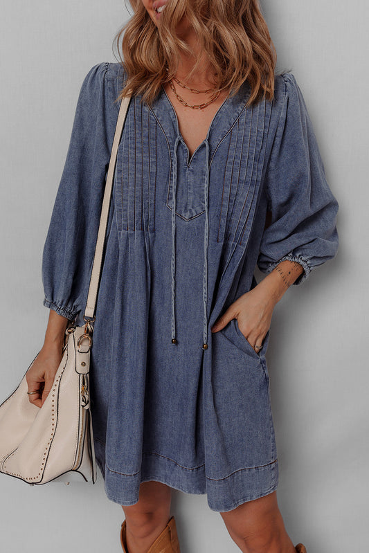 Blue TIed V Neck Denim Dress FB