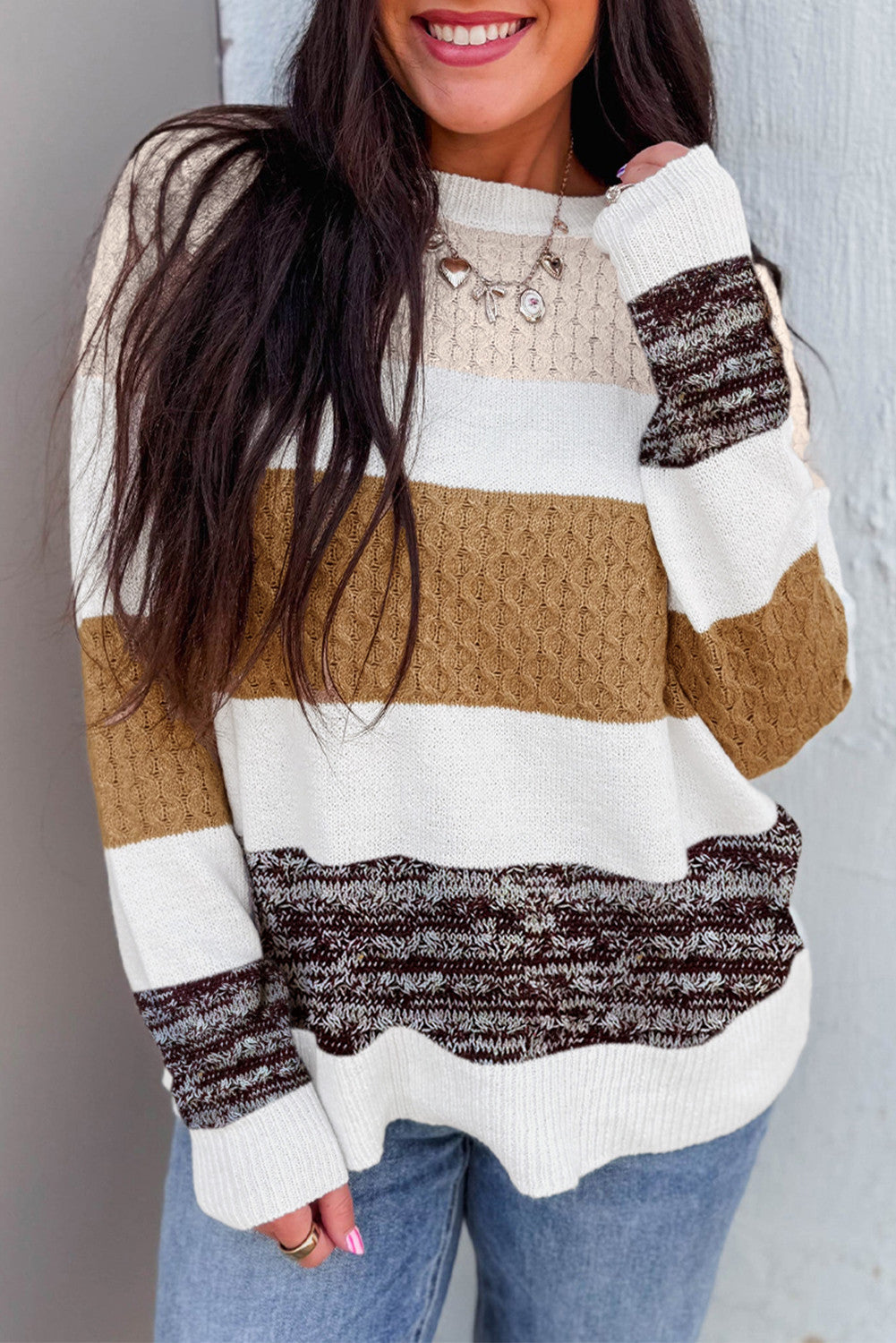 Brown Mixed Texture Loose Sweater FB