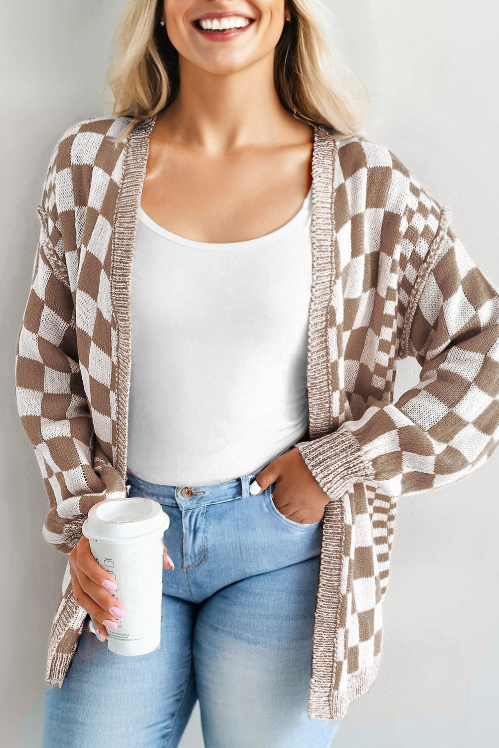 Brown Checkered Plus Size Cardigan FB