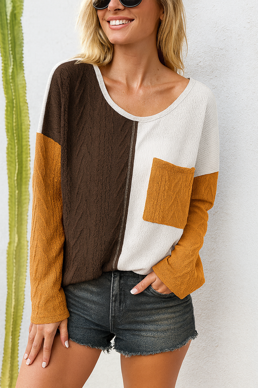 Brown Colorblock Patchwork Top FB
