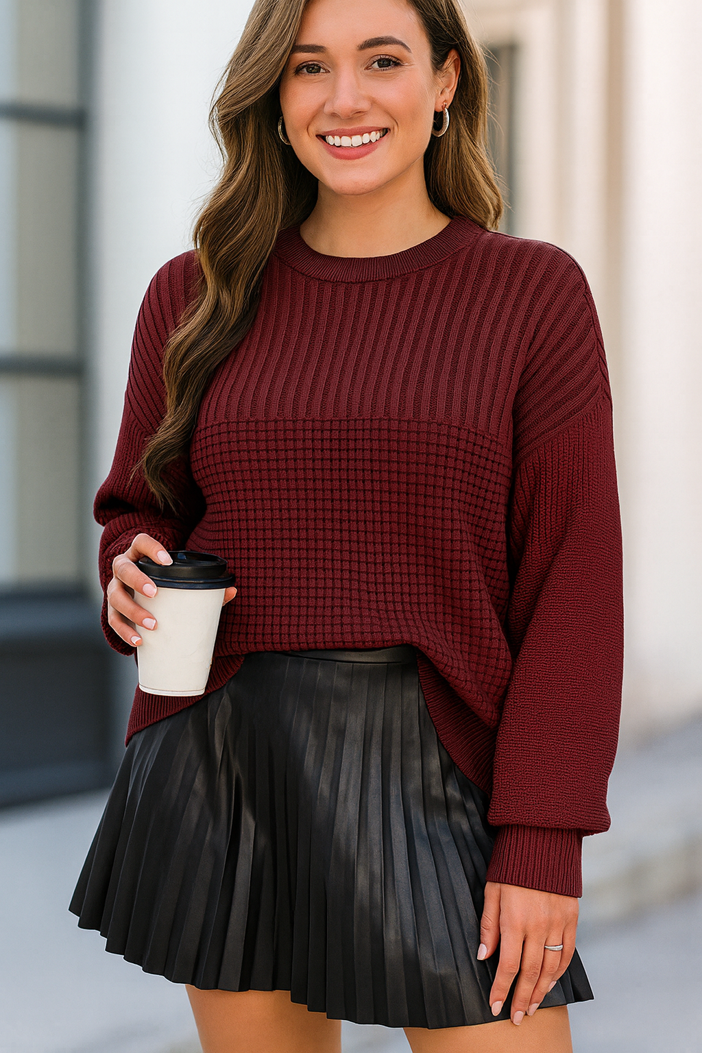 Burgundy Textured Knitted Sweater FB