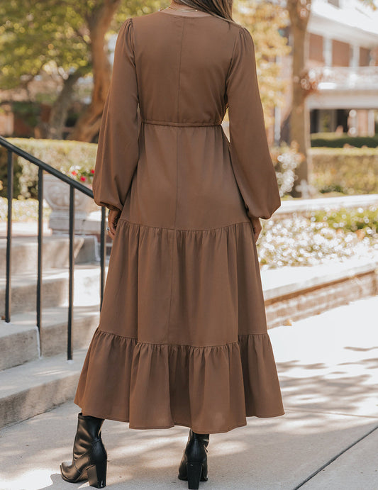 Chestnut Button Tiered Maxi Dress RTS